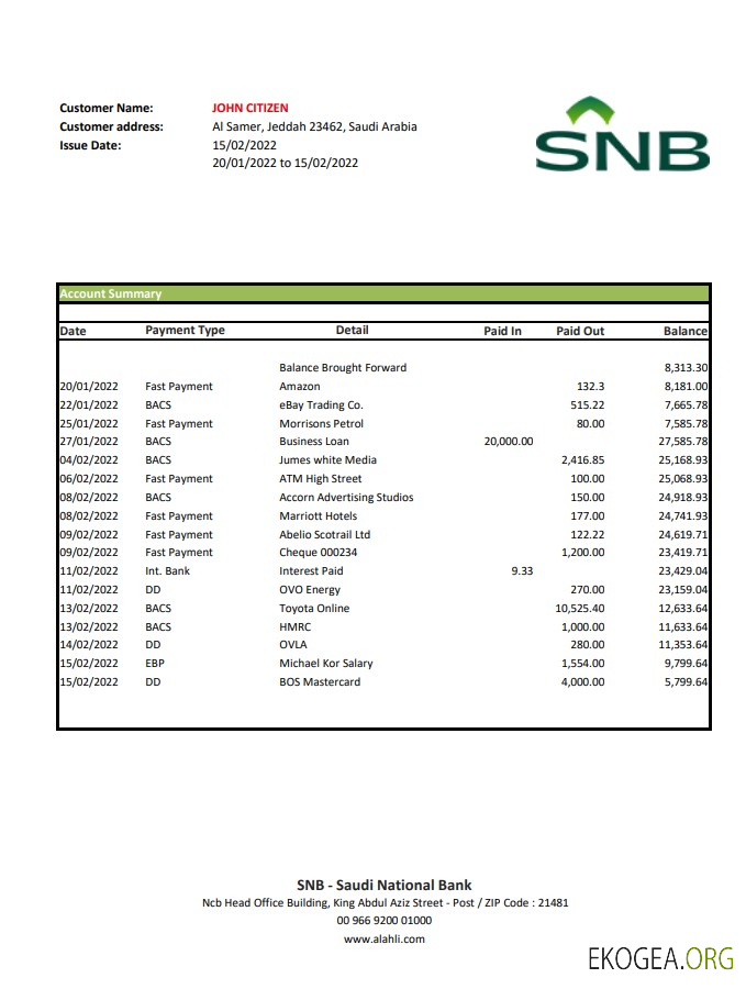 Relevé bancaire de la BNS en Arabie Saoudite xls